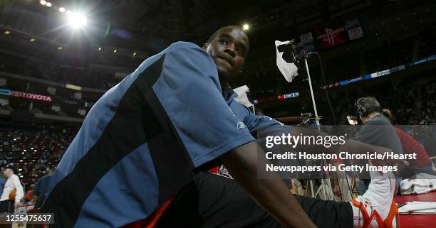 The Charlotte Bobcats Emeka Okafor streatches before Wednesday's NBA game between the Houston Rockets and the Charlotte Bobcats at the Toyota Center...