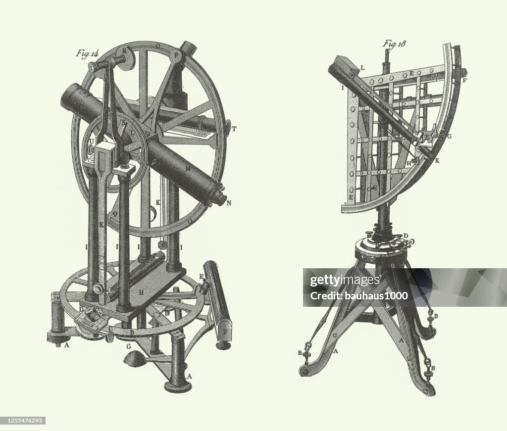Vintage Dolland's Repeating Circle and Troughton's Quadrant, Astronomical Instruments Engraving Antique Illustration, Published 1851