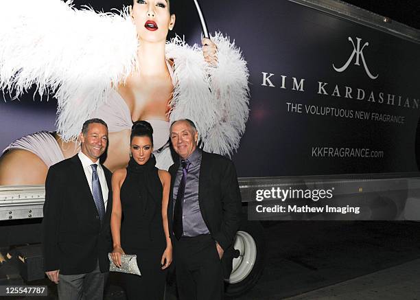 Phil Zellner, television personality Kim Kardashian and Stephen Nussdorf, Perfumania Chairman of the Board attend the celebration of Perfumania and...