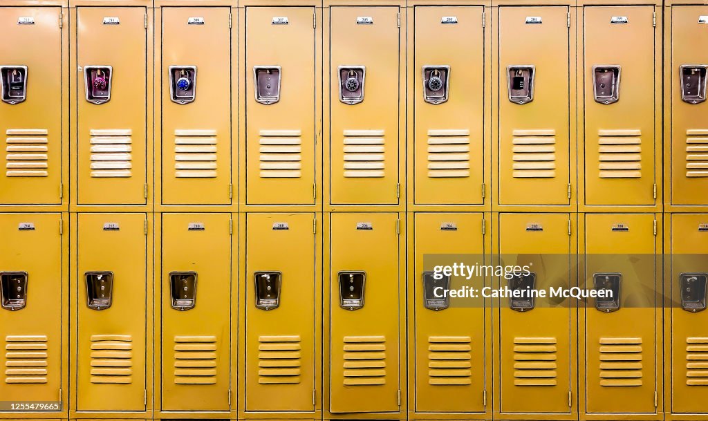 Row of traditional metal school lockers