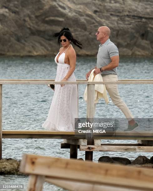 Jeff Bezos and Lauren Sanchez are seen going to Chiringuito Casa Jondal on May 17, 2023 in Ibiza, Spain.
