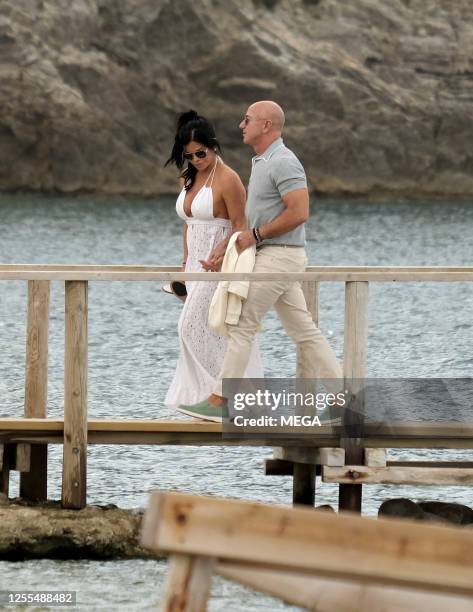 Jeff Bezos and Lauren Sanchez are seen going to Chiringuito Casa Jondal on May 17, 2023 in Ibiza, Spain.