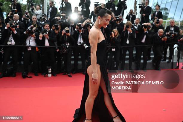 British actress Amy Jackson arrives for the screening of the film "Kaibutsu" during the 76th edition of the Cannes Film Festival in Cannes, southern...