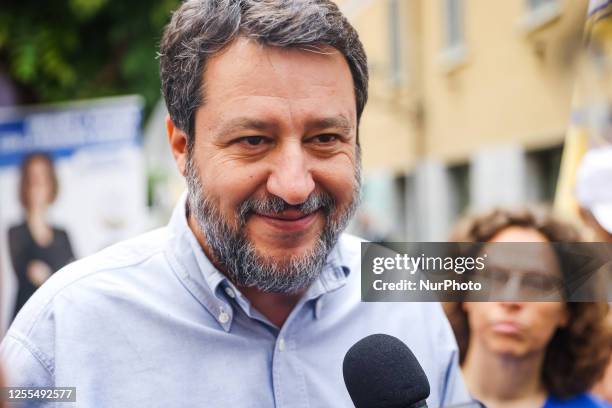 Lega political party leader Matteo Salvini attends a rally for the elections at Victoria Bistrot on May 12, 2023 in Cologno Monzese in Milan, Italy.