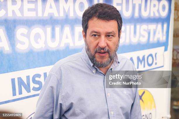 Lega political party leader Matteo Salvini attends a rally for the elections at Victoria Bistrot on May 12, 2023 in Cologno Monzese in Milan, Italy.