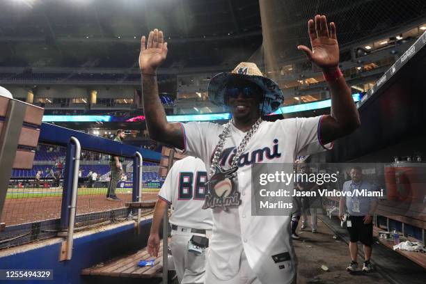 Jorge Soler of the Miami Marlins celebrates a walk off two-run home-run after the game against the Washington Nationals at loanDepot park on May 16,...