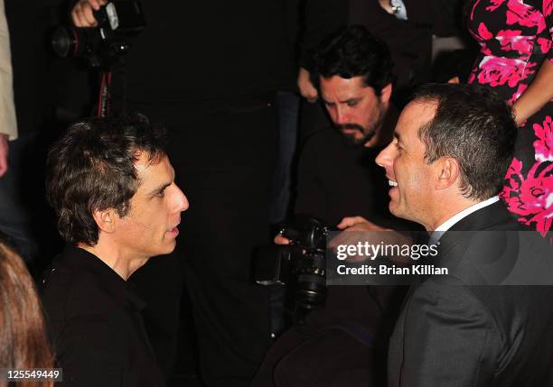 Ben Stiller talks to Jerry Seinfeld during the "Colin Quinn Long Story Short" Broadway opening night after party at Forty Four at the Royalton on...