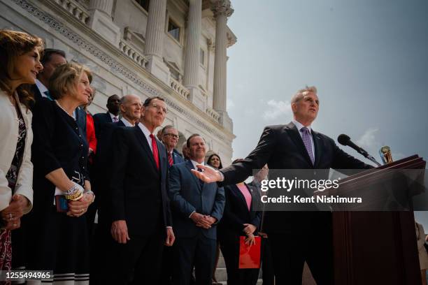 Speaker of the House Kevin McCarthy along with Senate and House Republicans speak to the press outside the U.S. Capitol Building on Wednesday, May...