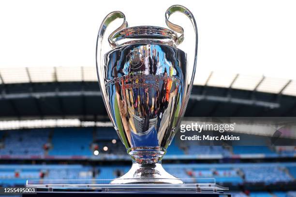 General view of the UEFA Champions League trophy during the UEFA Champions League semi-final second leg match between Manchester City FC and Real...