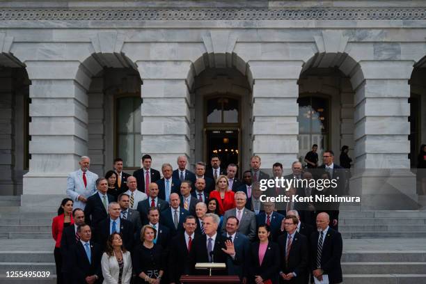 Speaker of the House Kevin McCarthy along with Senate and House Republicans speak to the press outside the U.S. Capitol Building on Wednesday, May...