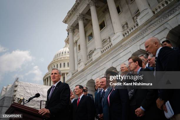 Speaker of the House Kevin McCarthy along with Senate and House Republicans speak to the press outside the U.S. Capitol Building on Wednesday, May...