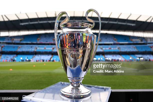 General view of the UEFA Champions League trophy during the UEFA Champions League semi-final second leg match between Manchester City FC and Real...