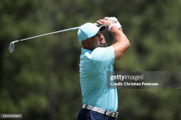 Former MLB athlete Shane Victorino plays a tee shot on the fifth hole during round one of the American Century Championship at Edgewood Tahoe South...