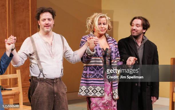 Actors Brendan Fraser, Jennifer Coolidge and Jeremy Shamos attend the Broadway opening night of "Elling" at the Ethel Barrymore Theatre on November...