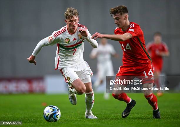 Zétény Varga of Hungary in action against Joshua Beecher of Wales during the UEFA European Under-17 Championship Finals 2023 Group A match between...