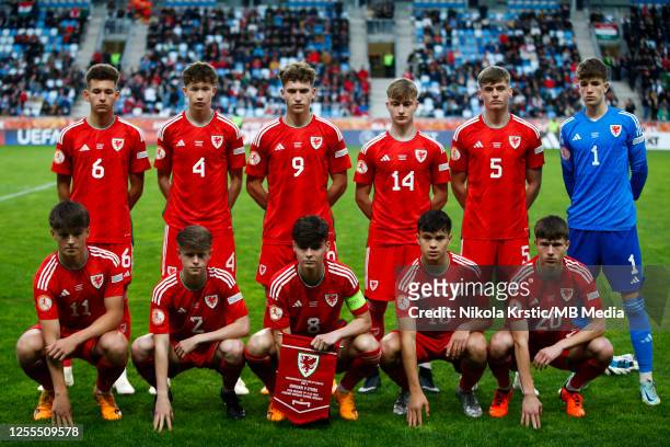The team of Wales line-up during the UEFA European Under-17 Championship 2023 Group A match between Hungary and Wales at Hidegkuti Nandor Stadium on...