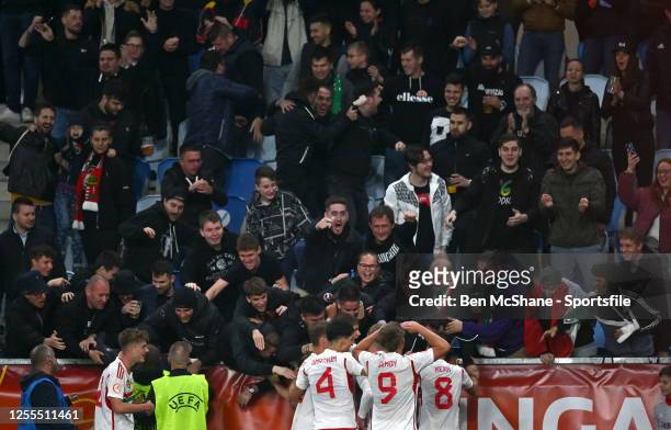 Hungary players and supporters celebrate after their first goal, scored by Benedek Simon during the UEFA European Under-17 Championship Finals 2023...