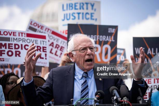 Sen. Bernie Sanders speaks during a news conference to announce the re-introduction of the Medicare For All Act of 2023, outside the U.S. Capitol May...