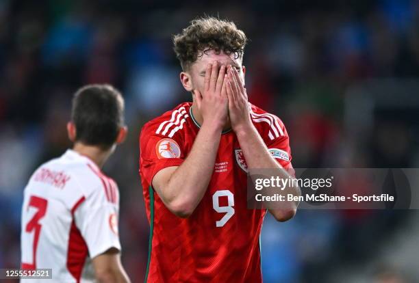 Iwan Morgan of Wales reacts after a missed opportunity on goal during the UEFA European Under-17 Championship Finals 2023 Group A match between...