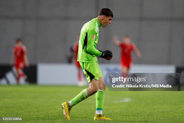 Goalkeeper Aaron Yaakobisvili of Hungary reacts during the UEFA European Under-17 Championship 2023 Group A match between Hungary and Wales at...