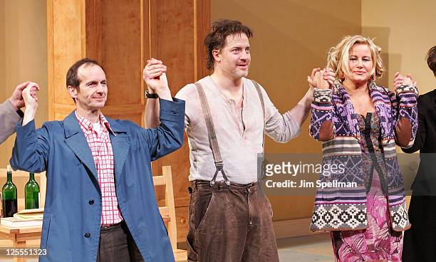 Actors Denis O'Hare, Brendan Fraser and Jennifer Coolidge attend the Broadway opening night of "Elling" at the Ethel Barrymore Theatre on November...
