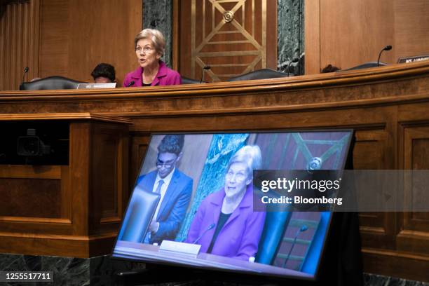 Senator Elizabeth Warren, a Democrat from Massachusetts, speaks during a Senate Banking, Housing, and Urban Affairs Committee hearing in Washington,...