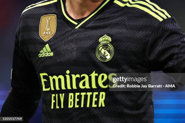 Close up of the FIFA Club World Cup winners logo on the shirt of Luka Modric of Real Madrid during the UEFA Champions League semi-final second leg...