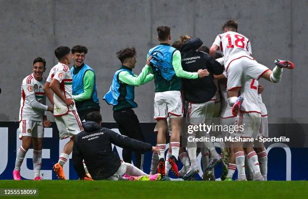 Hungary players celebrate their third goal during the UEFA European Under-17 Championship Finals 2023 Group A match between Hungary and Wales in the...