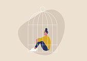 Domestic violence, quarantine lock down, depression and despair, young female character sitting inside a birdcage, sexism