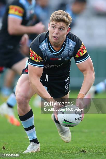 Blayke Brailey of the Sharks looks to pass during the round nine NRL match between the Cronulla Sharks and the Penrith Panthers at Netstrata Jubilee...