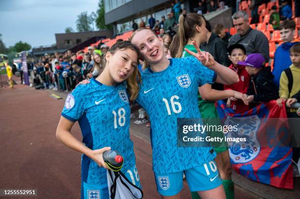 Erica Parkinson and Sophie Harwood of England pose during the UEFA Women's European Under-17 Championship 2022/23 Group B match between Sweden and...