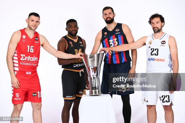 Kostas Papanikolau, #16 of Olympiacos Piraeus; Yakuba Ouattara, #24 of AS Monaco; Nikola Mirotic, #33 of FC Barcelona and Sergio Llull, #23 of Real...