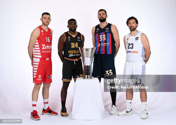 Kostas Papanikolau, #16 of Olympiacos Piraeus; Yakuba Ouattara, #24 of AS Monaco; Nikola Mirotic, #33 of FC Barcelona and Sergio Llull, #23 of Real...