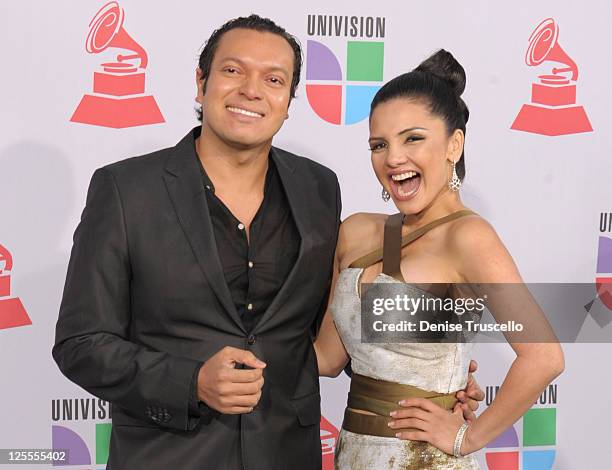 Carlos Amaya and Karen Hoyos arrive at the 11th Annual Latin GRAMMY Awards held at the Mandalay Bay Events Center on November 11, 2010 in Las Vegas,...