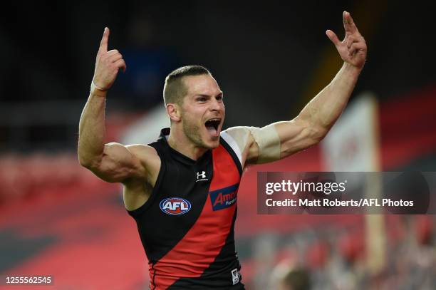 David Zaharakis of the Bombers celebrates kicking a goal during the round 6 AFL match between the Essendon Bombers and the North Melbourne Kangaroos...