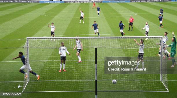 Ollie Watkins of Brentford scores the opening goal during the Sky Bet Championship match between Derby County and Brentford at Pride Park Stadium on...