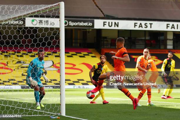 Dwight Gayle of Newcastle United scores his team's first goal past Ben Foster of Watford during the Premier League match between Watford FC and...