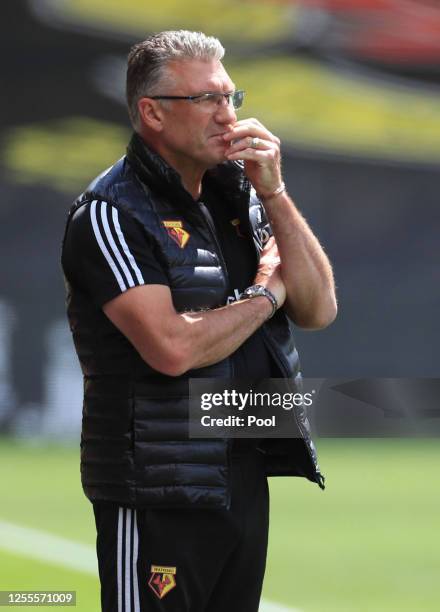 Nigel Pearson, Manager of Watford looks on during the Premier League match between Norwich City and West Ham United at Carrow Road on July 11, 2020...