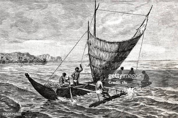 pirogue of the papuas - papua new guinea stock illustrations