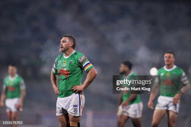 Elliott Whitehead of the Raiders looks on during the round nine NRL match between the Canberra Raiders and the Melbourne Storm at GIO Stadium on July...