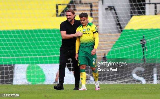 Daniel Farke, Manager of Norwich City consoles Max Aarons of Norwich City following the Premier League match between Norwich City and West Ham United...