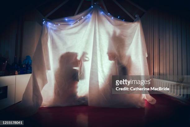 telling stories in a home-made fort - fortress stockfoto's en -beelden