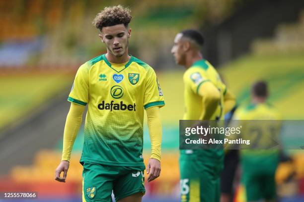 Josh Martin of Norwich City reacts on the final whistle, upon his team's relegation, following the Premier League match between Norwich City and West...
