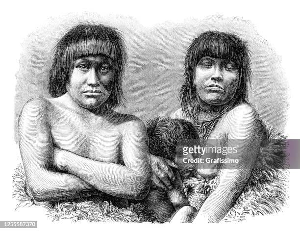 indigenous ethnicity of tierra del fuego family 1889 - family in the park stock illustrations