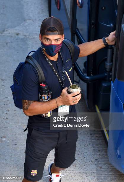 Luis Suarez of Barcelona arrives ahead of the Liga match between Real Valladolid CF and FC Barcelona at Jose Zorrilla on July 11, 2020 in Valladolid,...