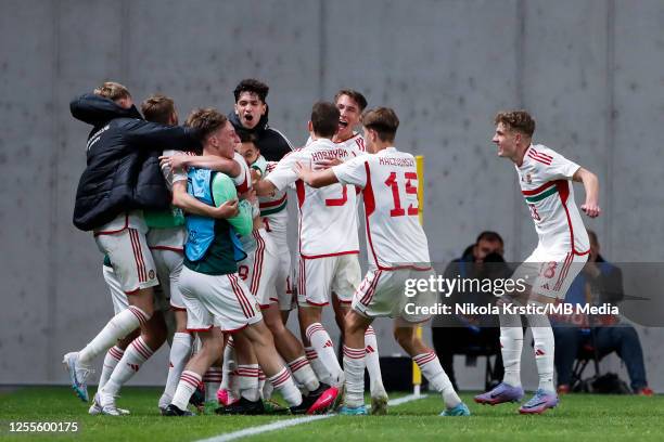 The players of Hungary celebrate the goal during the UEFA European Under-17 Championship 2023 Group A match between Hungary and Wales at Hidegkuti...