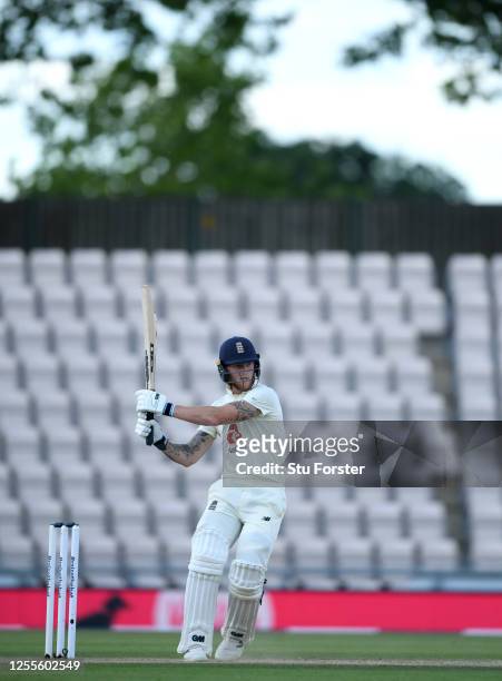 England captain Ben Stokes bats during day four of the 1st #RaiseTheBat Test match at The Ageas Bowl on July 11, 2020 in Southampton, England.