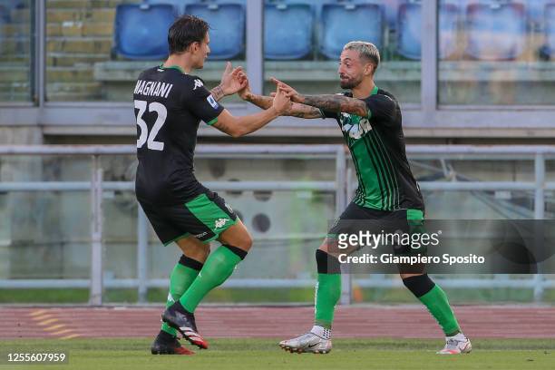 Francesco Caputo of US Sassuolo celebrates after scoring a goal during the Serie A match between SS Lazio and US Sassuolo at Stadio Olimpico on July...