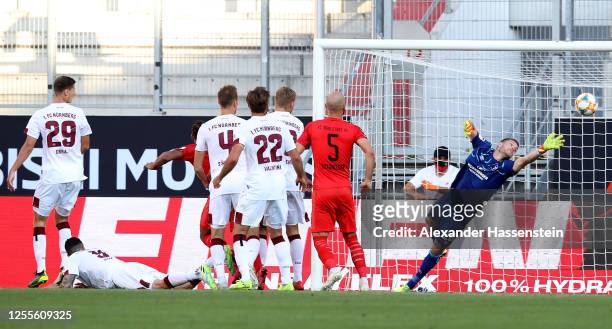 Robin Krausse of Ingolstadt heads his teams third goal during the 2. Bundesliga playoff second leg match between FC Ingolstadt and 1. FC Nürnberg at...