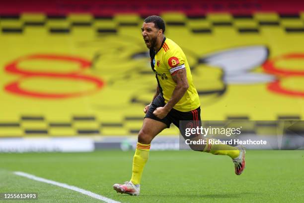 Troy Deeney of Watford celebrates after scoring his team's first goal from a penalty during the Premier League match between Watford FC and Newcastle...